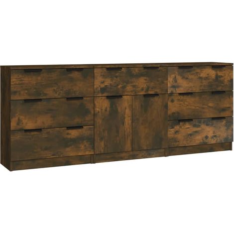Aparador de 3 piezas madera contrachapada color roble ahumado vidaXL