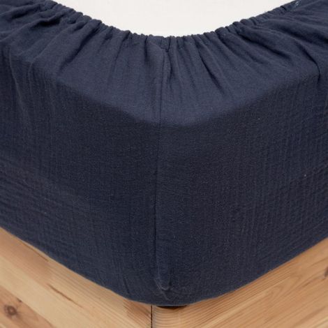 Drap Housse en Gaze de Coton "Flora" 140x190cm Bleu (1/3)
