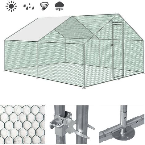 Randaco Hühnerstall 3 x 8 x 2m Hühnerhaus Freilaufgehege mit Schloss PE Sonnenschutz Dach Geflügelstall Verzinkter Stahl Kleintierstall Freigehege Outdoor