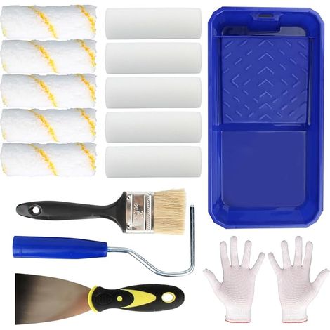 Lot de 15 rouleaux de peinture murale, 10 cm, petit rouleau de peinture, avec bac à peinture, porte-rouleaux, gants, petit rouleau pour peindre les murs, les meubles et les plafonds (1/5)