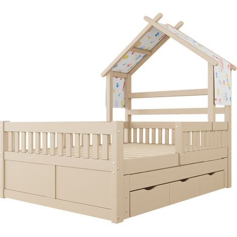 Hausbett 140 x 200 cm aus Holz und MDF mit Ausziehbett, 3 Schubladen und Sicherheitsgittern, Cream (1/5)