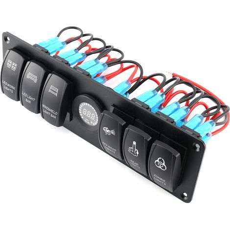 6-Tasten-Wippschalterpanel mit farbigem LED-Voltmeter für Wohnmobil, Auto, Boot