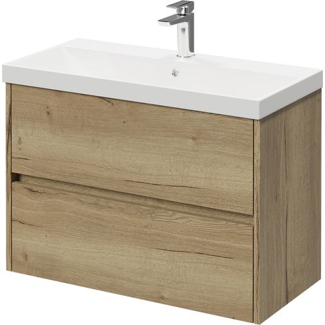 Montego Autumn Oak 800mm Wall Mounted Vanity Unit with 1 Tap Hole Slim Edge Basin and 2 Drawers (1/5)