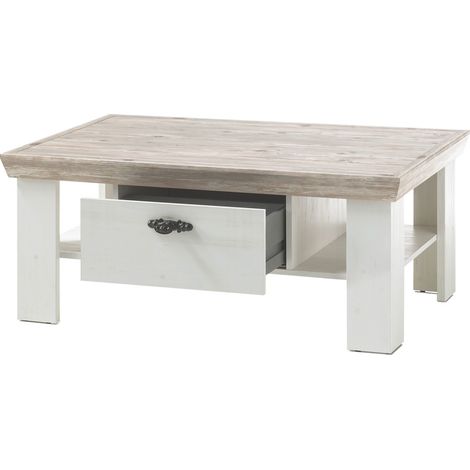 Couchtisch mit 2 Schubkästen FERNA-61 Landhaus Stil Pinie weiß und Oslo Pinie dunkel, B/H/T ca. 109x45x69cm (1/3)
