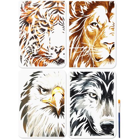 4 Pochoir A4 sur le Thème des Animaux Modèle pour Peinture Tigre Lion Loup Aigle 29.7 × 21cm avec Pinceau Réutilisable pour Travaux Manuels Sur Fenêtre Bois Mur Décoration D'Intérieur (1/5)