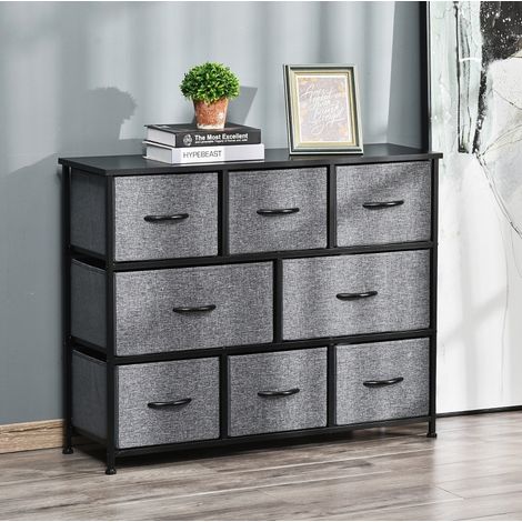 Commode 100x30x78,5 cm gris foncé en polyester avec 8 tiroirs pliables et structure métallique (1/5)
