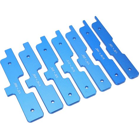 Ensemble de 7 cales graduées en alliage d'aluminium transparent, pour le travail du bois (bleu). (1/5)