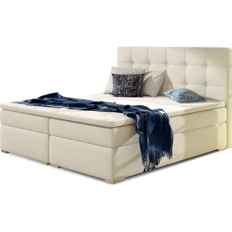 Lit boxspring simili cuir beige clair avec matelas et surmatelas Kavin-140x200 (1/5)