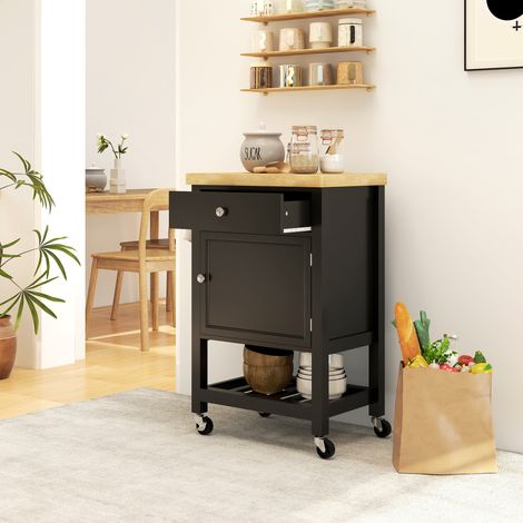 Carrello da cucina con ruote, carrello di servizio, piano di lavoro in legno di caucciù, cassetto, 63,5 x 40 x 90 cm, nero