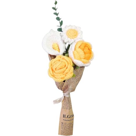 Bouquet de fleurs pré-crochetées, bouquet crocheté à la main, mélange de fleurs artificielles (roses, tournesols, marguerites)-AquaForge (1/5)