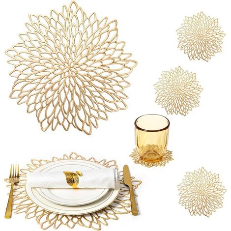 Set di 8 tovagliette e sottobicchieri rotondi lavabili in vinile color oro per tavole festive (1/5)