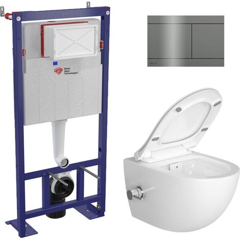 Swiss Aqua Technologies Pack WC bâti-autoportant + WC sans bride Infinitio avec bidet thermostatique + plaque en acier inoxydable, en PVD, Gun Metal (1/5)
