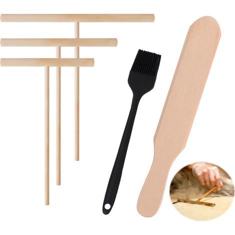 Kit Accessoires Crêpes Bois Hêtre Naturel 5 Pièces, Spatule 30cm et 3 Répartiteurs Pâte 9cm 12cm 18cm avec Pinceau Silicone Noir, Set Ustensiles Cuisine pour Crêpière Électrique et Poêle Antiadhésive (1/5)