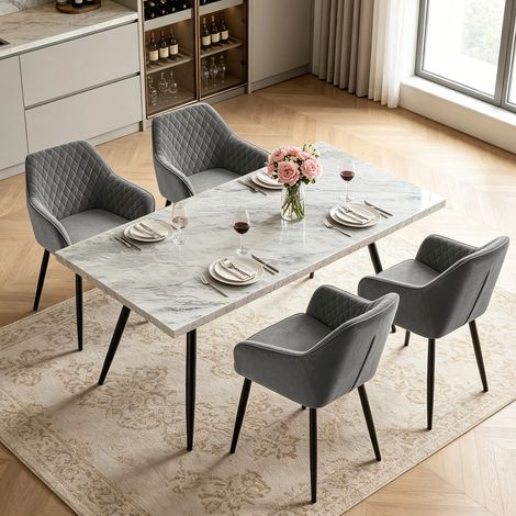 AINPECCA Dining Table and 4 Dining Chairs Set Dining Room Chair Kitchen Home Office(White table+4 Grey velvet chairs)