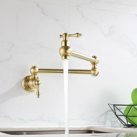 Faucet Wall Mounted, Retractable Kitchen Faucet, Double Handle Brushed Gold (1/4)