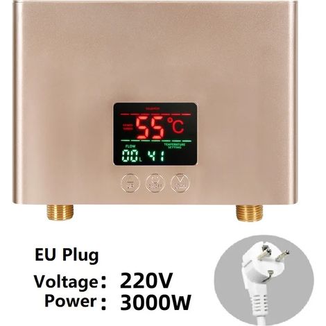(Or, 220V-300W) Chauffe-eau électrique instantané, mural, affichage LCD de la température, avec télécommande. (1/5)