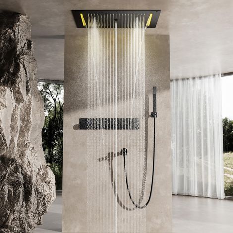 Colonna doccia termostatica, sistema doccia multifunzionale da incasso, soffione rettangolare, 700 x 380 mm con 5 modalità di getto, soffione doccia e rubinetto per vasca, set soffione doccia nero ant