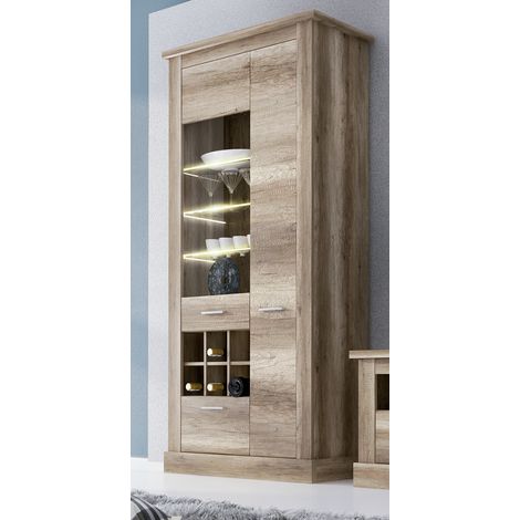 Pegane – Vitrine buffet haut chêne vieilli – Dimensions 96 x 41 x 201 cm – Panneau de particules mélaminé – Pour rangement élégant (1/3)