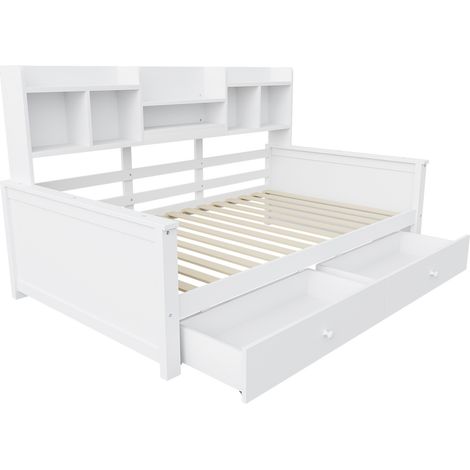 Lit banquette 90x200 blanc avec tiroirs et étagères, lit simple avec sommier à lattes (1/5)