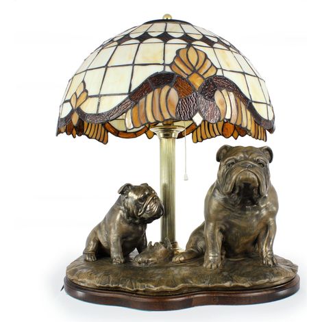 Bulldog inglés, Bulldog - lámpara con pantalla de vidrieras, lámpara de mesa con estatuilla de perro, diseño de interiores retro de Art-Dog (1/5)