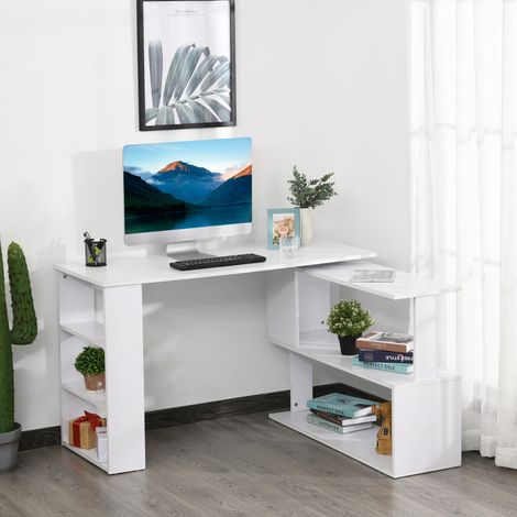 Escritorio Esquinero Giratorio, 120x110 cm, Escritorio en L, Mesa de Escritorio con Estantes, para Oficina en Casa, Estudio, Hogar, Blanco (1/5)