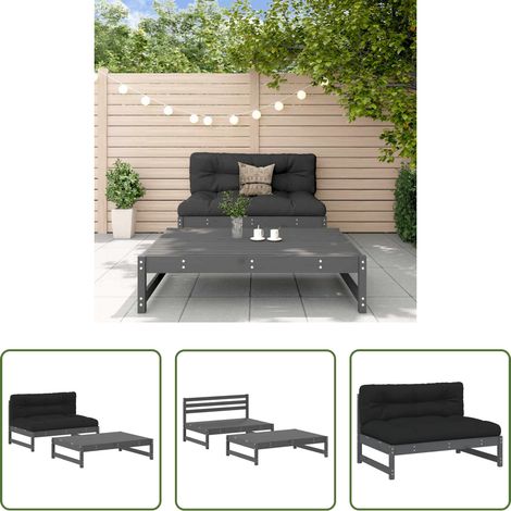 Canapé extérieur - Salon de jardin 2 pcs avec coussins gris bois massif (1/5)