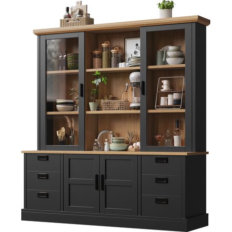 Buffet de cuisine haut avec 6 Tiroirs et 6 Niches, Portes vitrées et Protection anti-basculement, en MDF, Noir