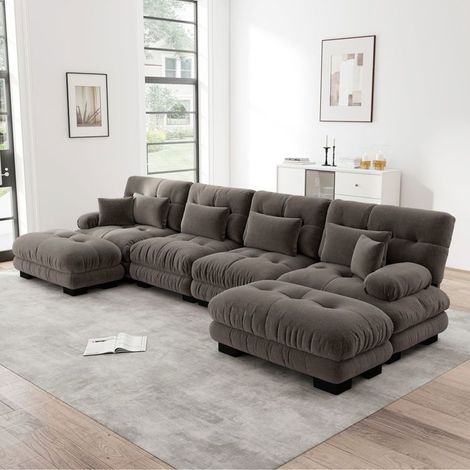 Canapé d'angle modulable en U 4 places – Confort moelleux en chenille marron – Ottoman mobile pour salon