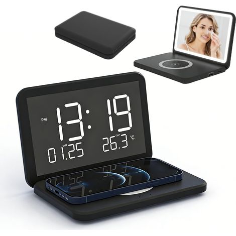 Réveil Numérique 4-en-1 Pliable avec Station de Charge 15W, Chargeur sans Fil, Thermomètre, Affichage LED Miroir pour Voyage - Noir