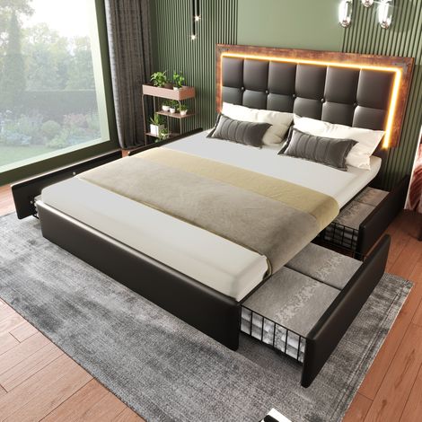 Letto imbottito in PU nero 140x200 cm con LED, 4 cassetti e testiera regolabile
