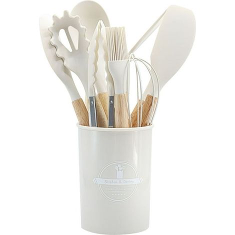 Set de 12 ustensiles de cuisine en silicone avec poignée en bois, casseroles en acier inoxydable antiadhésives, rangement mural pour poêles, batterie de cuisine robuste, kit de cuisson complet. (1/3)