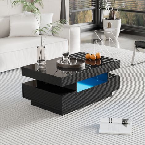 Tavolino basso nero 80 x 50 x 36 cm con illuminazione LED, 3 scomparti e 4 cassetti HAVRYA (1/5)