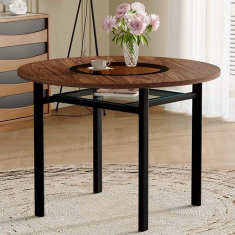 Table à manger ronde Ø100 cm effet bois marron, plateau verre fumé et structure métal noir, table moderne pour salon cuisine 2 à 4 personnes (1/5)