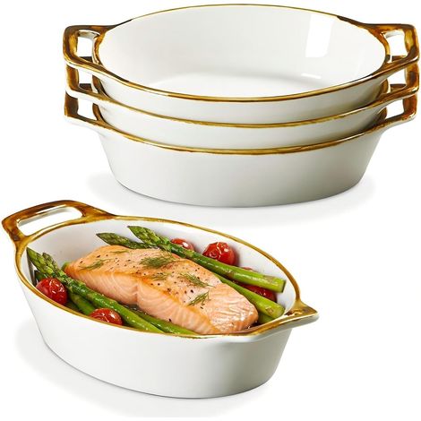 Lot de 4 petits plats de cuisson ovales en céramique avec poignées, 590 ml, pour four (1/5)
