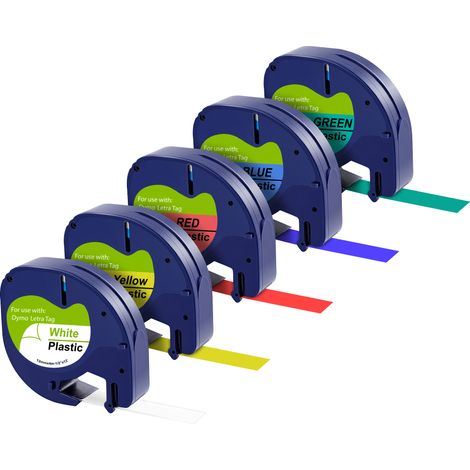 Lot de 5 rubans d'étiquettes plastiques 12mm x 4m – Blanc, bleu, jaune, rouge, vert – Compatible Dymo LetraTag – Étiquetage précis