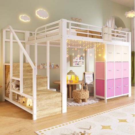 lit adulte lit mezzanine rangement 140x200 métal blanc OKMYHOME (1/5)