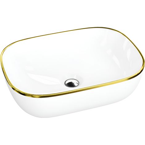 Vasque à poser LAVITA Vasque à poser élégante et compacteProduit en porcelaine de haute qualité rectangulaire 46x32,5x13,5 cm Blanc/Or