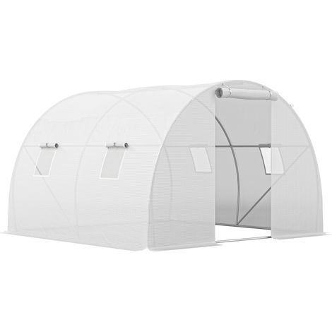 Serre tunnel de jardin 9 m², 4 fenêtres, porte zippée enroulable, structure acier galvanisé, bâche PE 3x3x2 m, blanc (1/5)