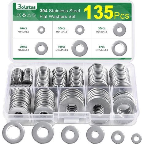 Lot de 135 rondelles plates en acier inoxydable pour vis, écrous et tige filetée 6 tailles M4, M5, M6, M8, M10, M12 (1/5)