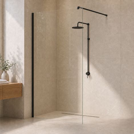 Paroi de douche walk-in 100 x 200 cm profil noir mat, verre trempé de sécurité 8 mm