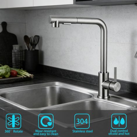 Duschparadies Ausziehbarer Küchen Wasserhahn 360° Schwenkbar Hochdruck 2 Strahlarten Einhandmischer Gebürstet (1/5)