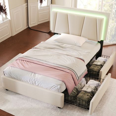 Cama tapizada juvenil con LED y 2 cajones beige OKMYHOME (1/5)