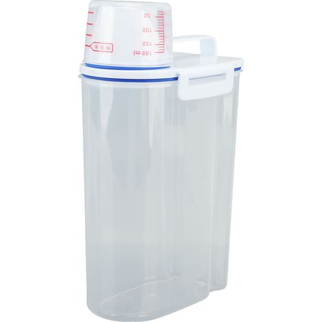 Bac de rangement pour riz, céréales, distributeur, couvercle hermétique, bec verseur, récipient de conservation des aliments avec verre doseur, transparent, 2 kg, blanc