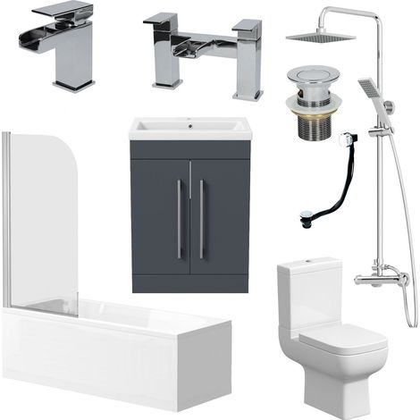 Complete Bathroom Suite 1700 Bath Screen WC Toilet Vanity Basin Taps Shower Grey