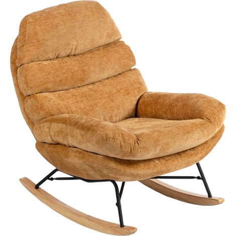 Fauteuil à bascule rembourré avec pieds en acier et patins en bois, jaune (1/5)