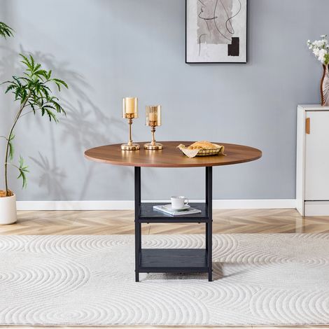 Mesa de comedor redonda de 107 cm con doble estante, tablero MDF efecto nogal, metal negro (1/5)