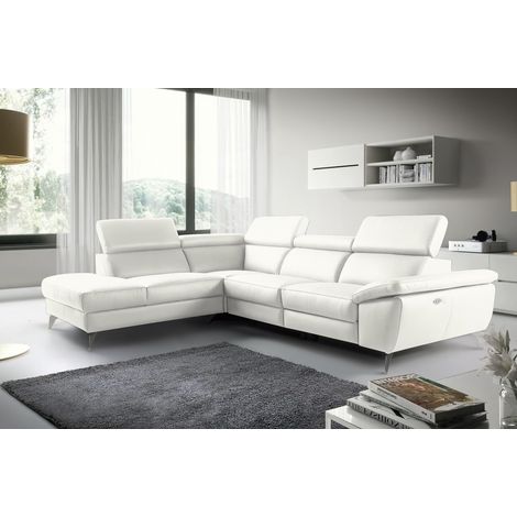 - Canapé d'angle relax en 100% tout cuir épais de luxe italien avec relax électrique, 5/6 places KASTER, blanc cassé, angle gauche (1/5)