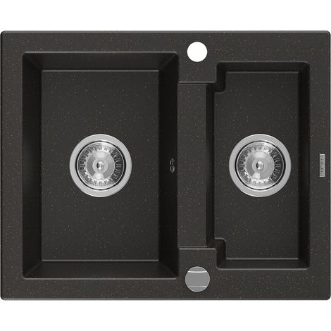 Mexen Carlos évier en granit à 1,5 cuve 582 x 475 mm, Noir/Or métallique, siphon Chrome - 6518581500-75 (1/5)