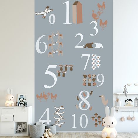 Papier peint intissé pour chambre d'enfant, 250 cm X 150 cm, animaux roses et marrons, fond gris, chiffres blancs. (1/2)