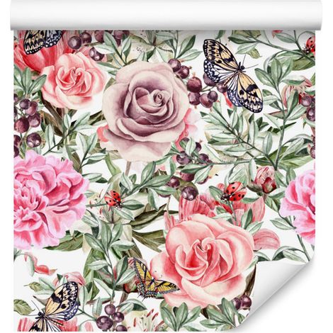 Carta da parati con rose colorate, peonie e motivi acquerellati per soggiorno e camera da letto, 50x1000 cm. (1/5)